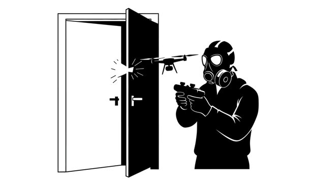 Drone surveillance, masked man with gas mask and gun opens door, tactical operation