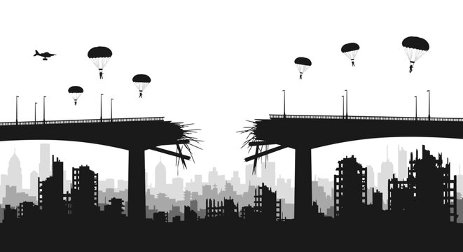 Destroyed City Bridge, Paratroopers Descending Over Ruined Buildings, War Aftermath