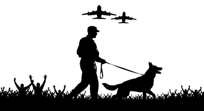 Military handler with working dog, airplanes and cheering crowd silhouette