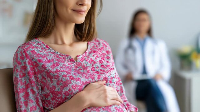 Expectant mother smiling during medical consultation with caring doctor in clinic