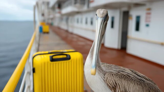 Curious pelican observes vibrant yellow suitcase on ship deck journey