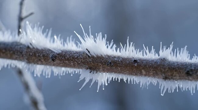 Close-up of a tree branch covered in sharp, white hoarfrost crystals, showcasing the intricate beauty of winter nature and freezing temperatures