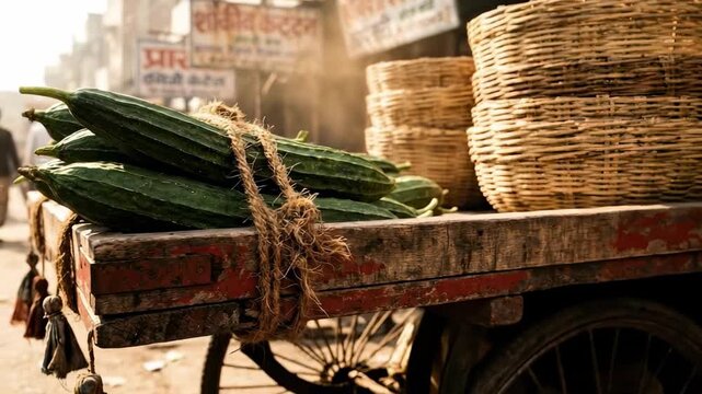 A close-up view of fresh, green turai vegetable stacked on a rustic cart, surrounded by woven baskets and bustling market activity, capturing the vibrant essence of local trade