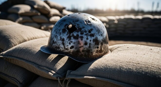 Damaged Metal Helmet Resting on Sandbags