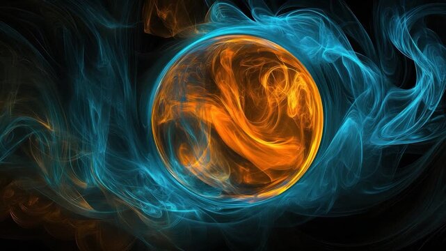 Abstract orb composed of swirling orange and blue energy against a black backdrop, fluid and dynamic