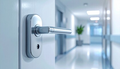 Open Doorway to a Modern Hospital Corridor with Natural Light.