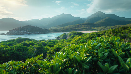 Stunning coastal landscape showcasing lush greenery with mountains rising in the background under a serene sky and gentle waves lapping at the shore