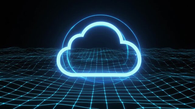 Neon cloud icon grid network digital landscape futuristic data storage security connectivity over glowing grid representing cloud computing