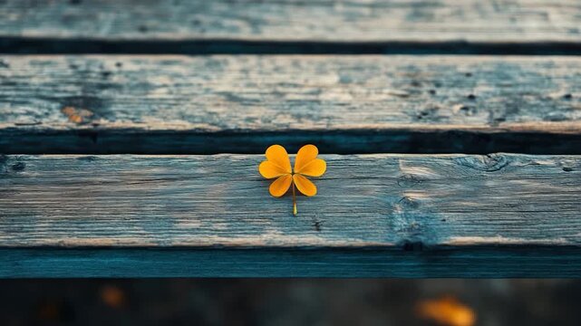 An orange four-leaf clover lies on weathered, horizontal wooden planks, suggesting luck and nature