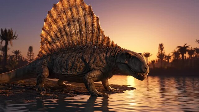 Prehistoric Carnivore Dimetrodon Roaring by Lake Water at Sunset 4K
