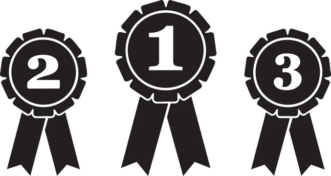 Set of black and white award ribbons with numbers 1 2 and 3 representing first second and third place isolated on white background