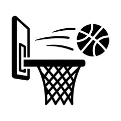 Basketball and hoop icon showing a ball flying into the net for sports and competition themes, black and white vector illustration © Zyariss