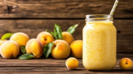 Fresh peach smoothie in a glass jar with a straw, surrounded by ripe peaches on a rustic wooden background, Ideal for health-related content, recipes, or summer beverage promotions,