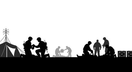 Military Camp Silhouette: Soldiers Working, Tent, and Supplies at Dusk