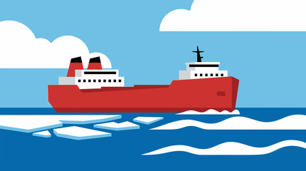 Red cargo ship sailing through icy waters under a cloudy sky. © Abhinaya Project