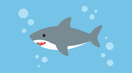 Obraz premium Cartoon shark swimming in the ocean with bubbles around it.