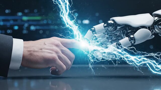Human and Robot Hands Touch, Creating an Electrical Spark, Symbolizing the Integration of Artificial Intelligence and Human Collaboration in a Digital Future