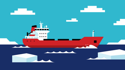 Red cargo ship navigating through icy waters under a clear blue sky. © Abhinaya Project