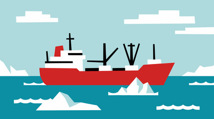 Red cargo ship sailing through icy waters with floating icebergs. © Abhinaya Project