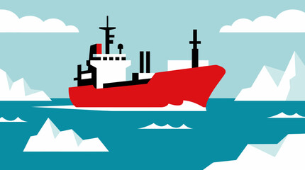 Red cargo ship navigating through icy waters with floating icebergs. © Abhinaya Project