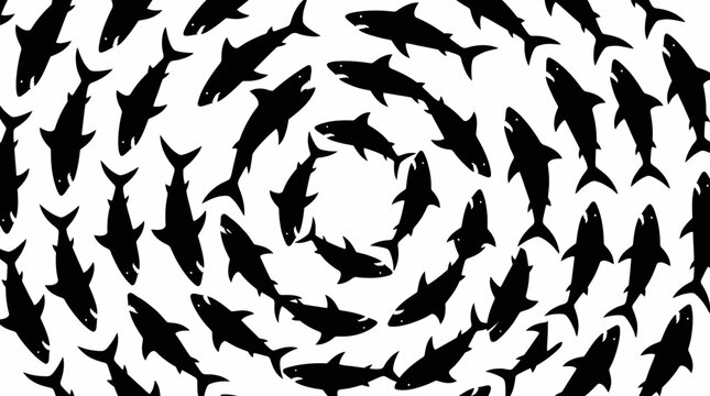 Black sharks arranged in a spiral pattern on white background.