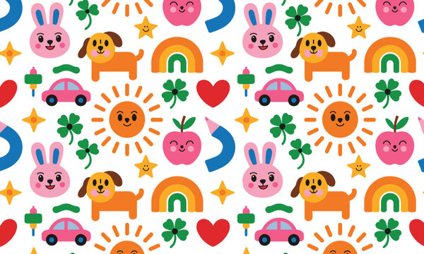 Colorful cartoon pattern with cute animals and symbols for kids