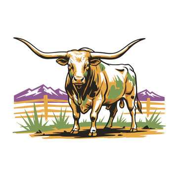 Longhorn bull illustration for apparel. Western ranch graphic design. Texas Longhorn artwork for t-shirt. Cattle and mountains poster design. Farm ani