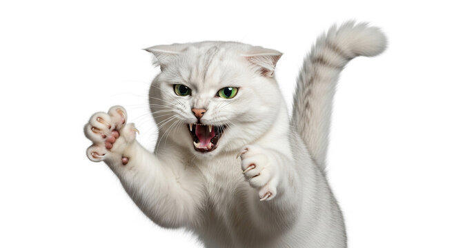 A furious white cat with bright green eyes and bared fangs, its paws raised in an aggressive stance, captured against a clean white background.
