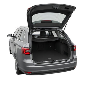 A gray car with its trunk open on a white background