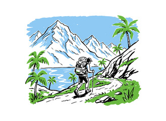 Fototapeta premium Mountain hike adventure artwork. Hiker with backpack and poles. Tropical mountains and lake. Outdoor exploration graphic. Nature trekking illustration