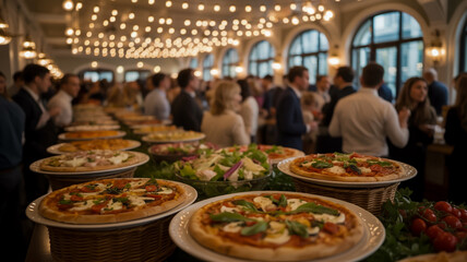 Fototapeta premium A grand buffet featuring a variety of pizzas and salads in an elegant hall