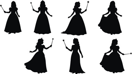 Black silhouette vector illustration set of beautiful fairy tale princesses holding magic wands wearing long gowns isolated on white background. © Md nasir