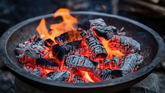 Glowing embers and flames dance within a dark, circular dish. Ash covered wood is ablaze