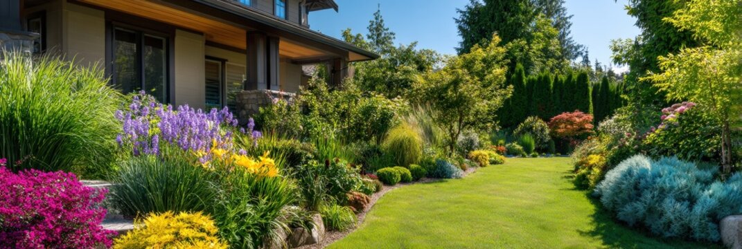 Expansive garden lawn pathway bordered shrubs flowering beds manicured landscape curved edge privacy hedgerow trees
