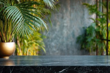 Fototapeta premium Marble countertop potted palm golden planter against textured concrete wall for tropical interior styling