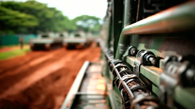 Peering out through rifle rack inside mobile command unit, faceless soldiers marching in formation, defocused red clay training field, tanks parked background, military training,