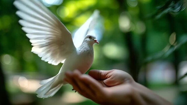 Peaceful white pigeon soaring from faceless gentle hand, defocused nature background, hope and harmony symbolism, bird release, freedom representation, with copy space