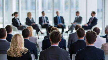Obraz premium Professional group discussion in a modern office setting with glass windows