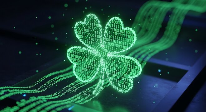 Binary clover symbol glowing in digital space