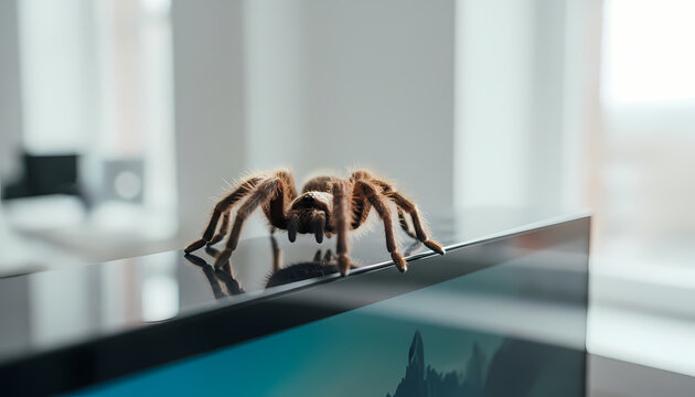 Brown tarantula spider sitting on a computer monitor screen