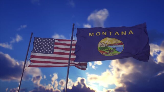 United States and Montana State Flags Waving Against Dramatic Sky