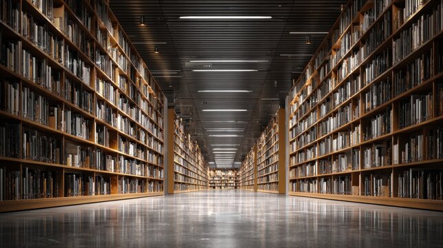 Modern library interior with wooden bookshelves and reflective floor for design background and education poster