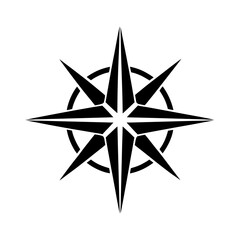 Obraz premium Minimal Black Compass Rose Silhouette Vector, Simple Nautical Compass Rose Icon Design, Minimal Maritime Compass Rose Symbol Illustration, Clean Black Navigation Compass Rose Graphic, Modern Minimal