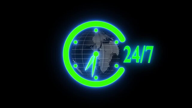 nonstop global support 24/7 technology animation,futuristic 24/7 glowing digital clock with world map,24/7 global service neon clock animation.
