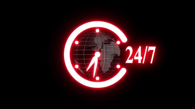 nonstop global support 24/7 technology animation,futuristic 24/7 glowing digital clock with world map,24/7 global service neon clock animation.