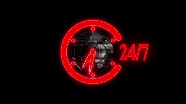 nonstop global support 24/7 technology animation,futuristic 24/7 glowing digital clock with world map,24/7 global service neon clock animation.