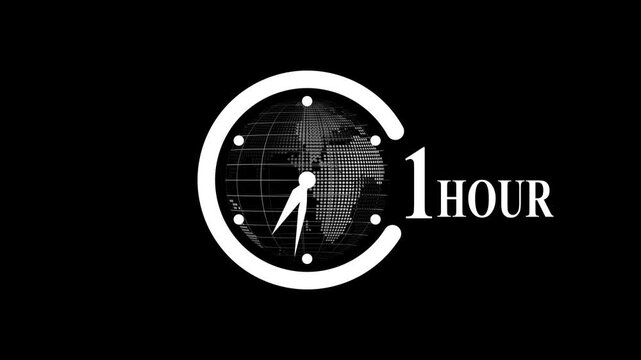 Digital Clock with Earth Globe Overlay: 1 Hour Time Concept, Neon Green, Black Background,Clock showing 1 Hour with Highlight, Countdown Time Concept, Digital World Map Background
