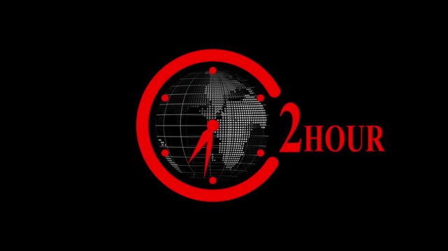 Abstract 2 Hour Clock Face - Countdown Timer with Digital World Map Texture, Time Concept, clock with globe overlay,   hands on black background, 2 hour time concept, global timekeeping, urgency,