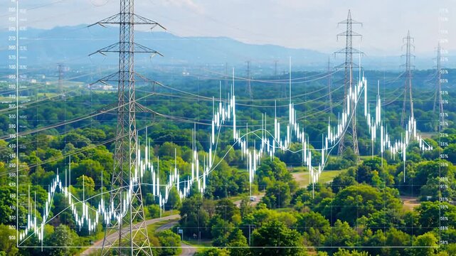 Electricity towers and stock chart overlay