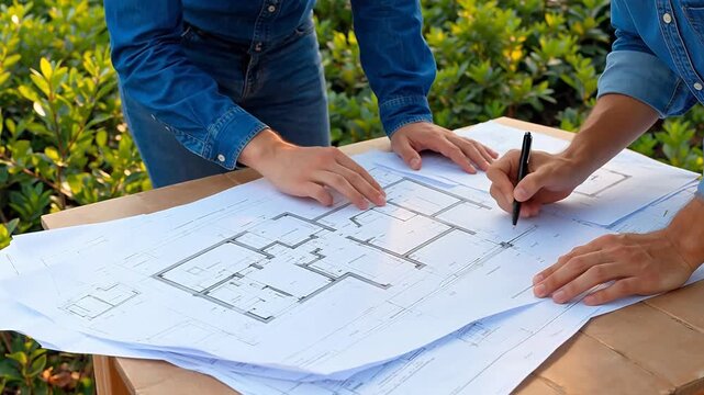Two people reviewing architectural blueprints